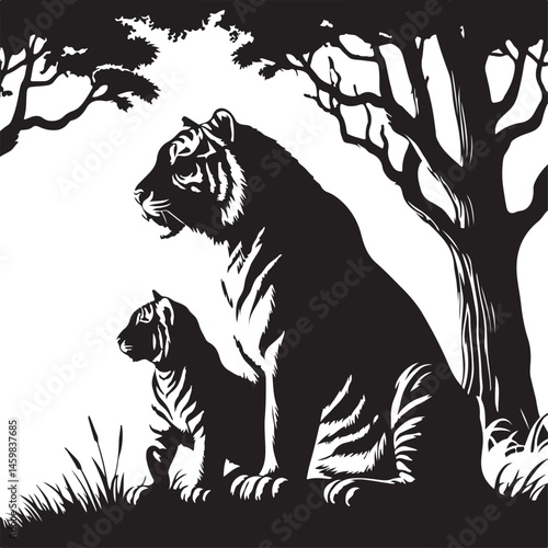 Black and white silhouette of a tiger walking with its tail curled