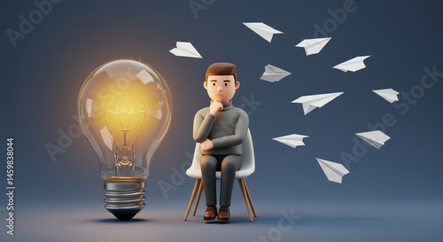 Illuminating Ideas: A 3D Render of a Person Contemplating Innovative Concepts Surrounded by Paper Airplanes