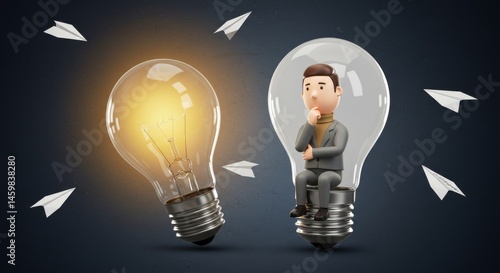 Illuminating Ideas: A 3D Render of a Businessman Contemplating Innovation within a Light Bulb