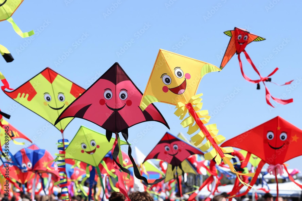 Fototapeta premium Vibrant Kite Festival Delights with Smiling Faces and Colorful Designs in Clear Blue Skies