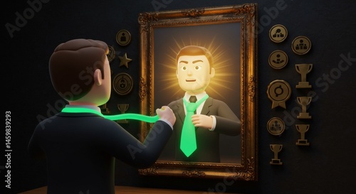 Aspiring to Greatness: A 3D Render of Self-Reflection and Achievement Visualization