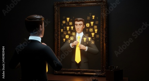 Ambition Reflection: A 3D Animated Depiction of a Man Adjusting His Tie While Surrounded by Virtual Trophies in a Mirror