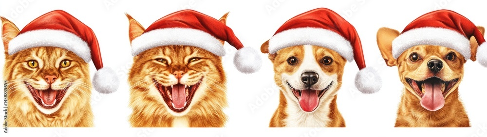 Four pets wearing Christmas hats, happy expressions Four pets wearing Christmas hats, happy expressions