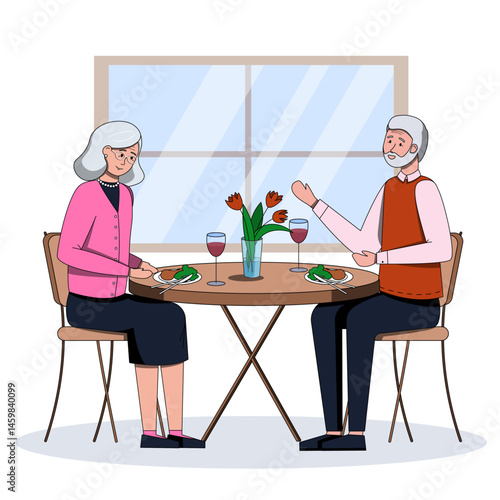 Elderly couple having dinner together at home senior man and woman enjoying meal and conversation