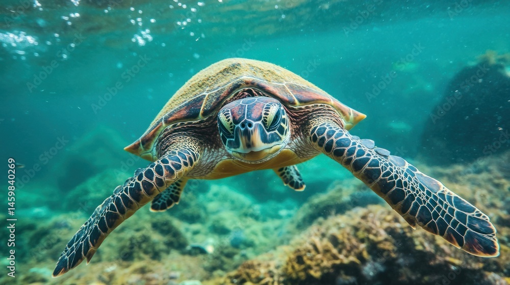 Fototapeta premium Underwater close-up of a sea turtle swimming.
