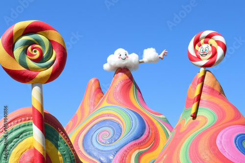 Vibrant Lollipop Mountains Under a Serene Blue Sky with Fluffy White Cloud