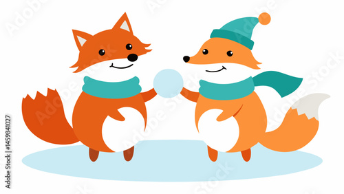 Playful Teamwork Two cheerful foxes one orange and one slightly darker are joyfully stacking large snowballs to create the body of a snowman. They are wearing colorful scarves and