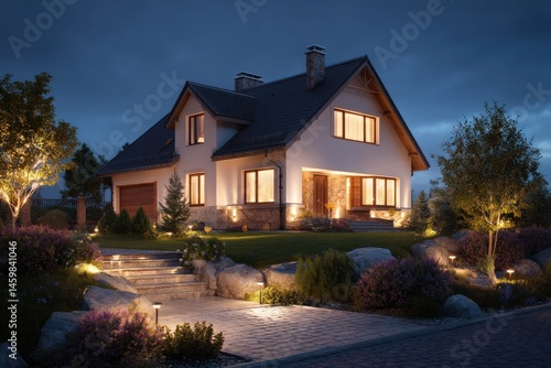 Warm evening light illuminates a beautiful family home.  Landscaped yard, inviting walkway.