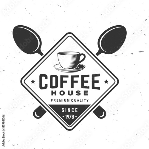 Coffee house. Vector illustration. Concept for cafe and restaurant logo, brand, label. Vintage Coffee House Logo with Cup and coffee spoon