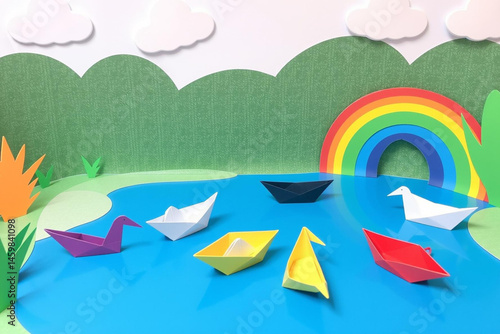 Vibrant Paper Craft Scene with Origami Boats on Serene Lake under Rainbow