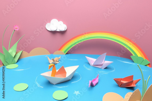 Whimsical paper boats sail under a vibrant rainbow in a serene fantasy water scene