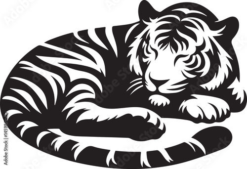 Black and white silhouette of a tiger walking with its tail curled