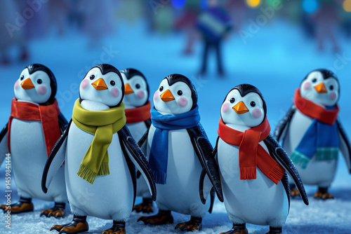 Animated Penguins Wearing Colorful Scarves in a Festive Winter Wonderland Scene