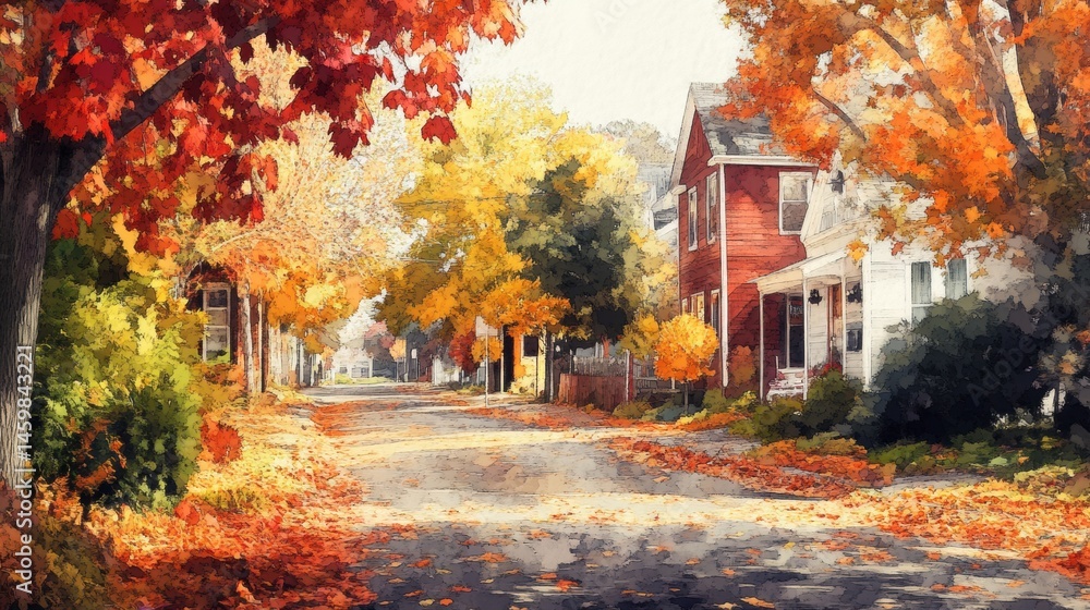 Obraz premium Autumnal street scene with colorful foliage.