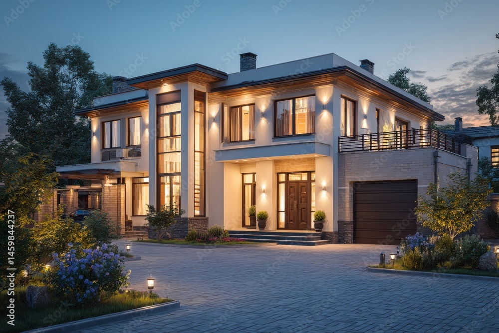 Fototapeta premium Luxury modern house at dusk. Warm lighting illuminates the home's exterior, creating a welcoming atmosphere.