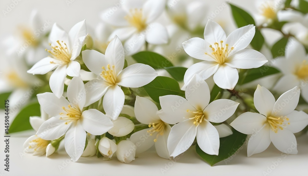 Fototapeta premium Close-up shot of pure white jasmine flowers with bright yellow centers and green leaves.