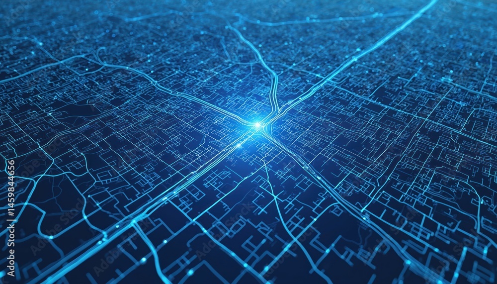 Fototapeta premium Abstract illustration of blue city map. Roads streets, buildings arranged in grid layout. Digital tech design with futuristic modern vibe suitable for digital concepts. Aerial view of city