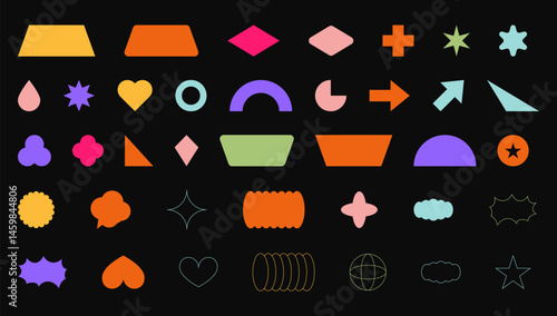 Abstract Geometric Shape Set. Colorful Funky Frames, Labels, and Design Elements in Retro Style. Vector Illustration