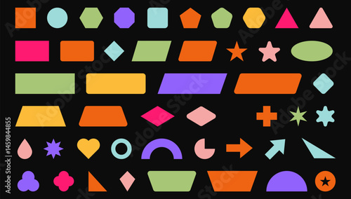 Abstract Geometric Shape Set. Colorful Funky Frames, Labels, and Design Elements in Retro Style. Vector Illustration