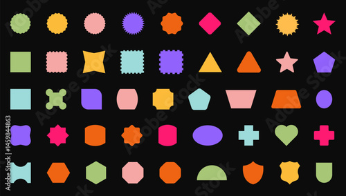 Abstract Geometric Shape Set. Colorful Funky Frames, Labels, and Design Elements in Retro Style. Vector Illustration