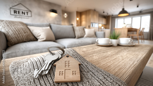 Keys with a wooden house-shaped keychain lie on a wooden table against the backdrop of a modern apartment interior. Concept representing rental, purchase, sale or short-term lodging.