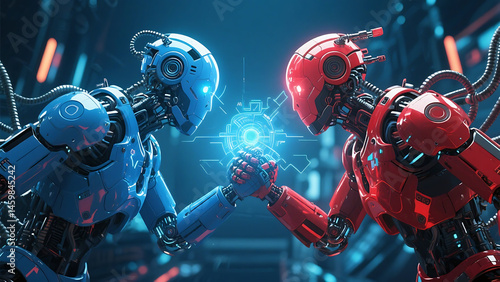 One bed robot and one good robot face to face, abstract technology blue background