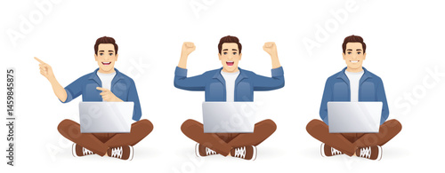 Set of young handsome man poses wearing casual clothes using laptop computer sitting with crossed legs and different gestures. Isolated vector illustration