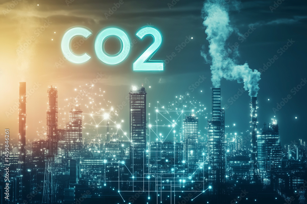 city skyline with a large CO2 sign in the middle. The city is lit up with lights and the sky is cloudy city skyline with a large CO2 sign in the middle. The city is lit up with lights and the sky is cloudy