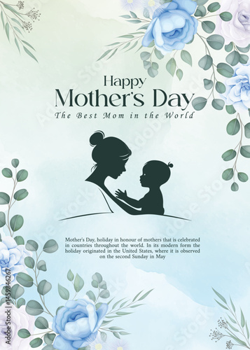 Happy Mother's Day Floral Greeting Card, Mother's Day Post with Watercolor Art, Elegant Mom and Child Silhouette Design, Floral Mother's Day Greeting Illustration, Sentimental Mother's Day Card Design