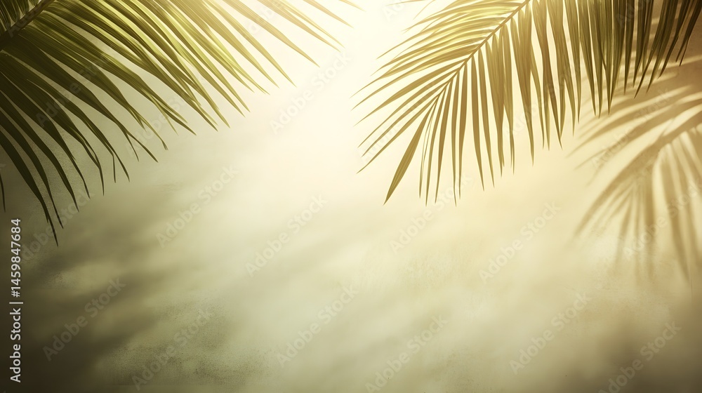 Palm leaves casting soft shadows on a hazy background.