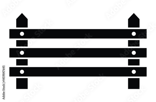 Stylized black wooden fence vector illustration with vertical posts, triangular peaks, and horizontal beams on white. Minimalist frontal view, clean graphic design. Symbolizes simplicity, solid
