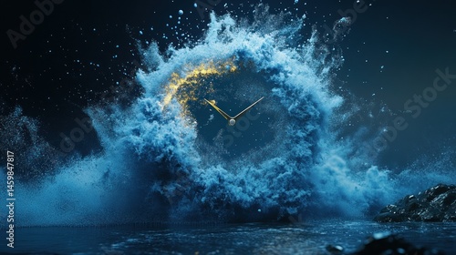 Clock engulfed in a blue, wave-like explosion.