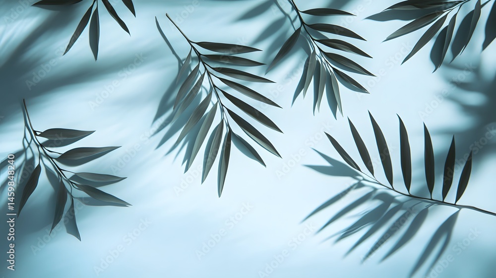 Elegant shadows of palm leaves on a light blue background.