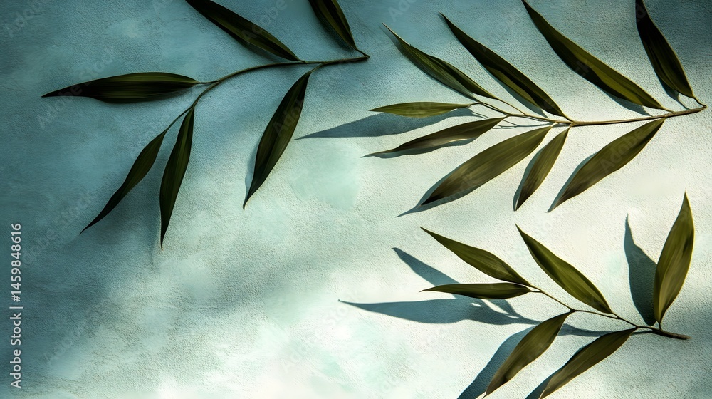 Muted teal background with delicate plant branches.