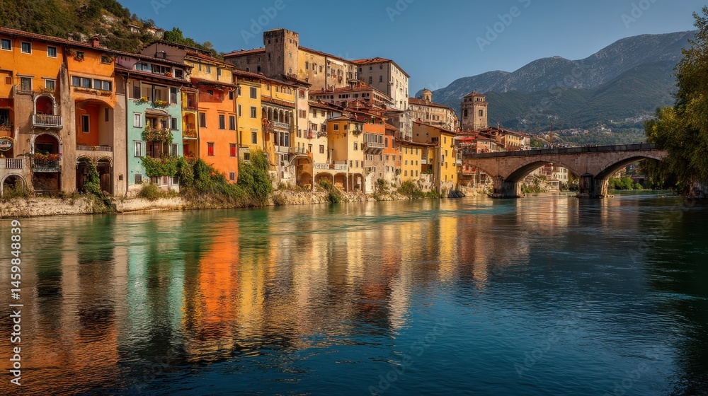 Fototapeta premium Charming Old Town of Bassano Del Grappa: Historic Ponte degli Alpini Bridge and Colourful Streets in Italy's Venetia Region