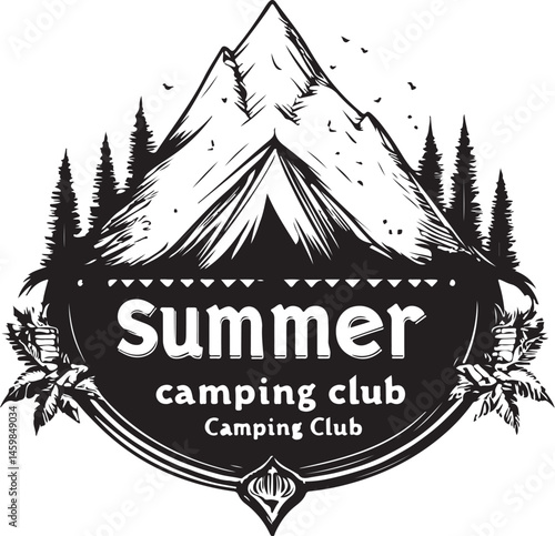 Camping Club Logo with Tent, Mountains, and Trees
