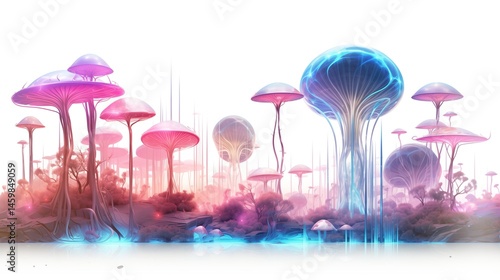 A surreal nature scene where glowing neon trees with artificial bioluminescence stand tall against a pure white backdrop, blending technology with nature.