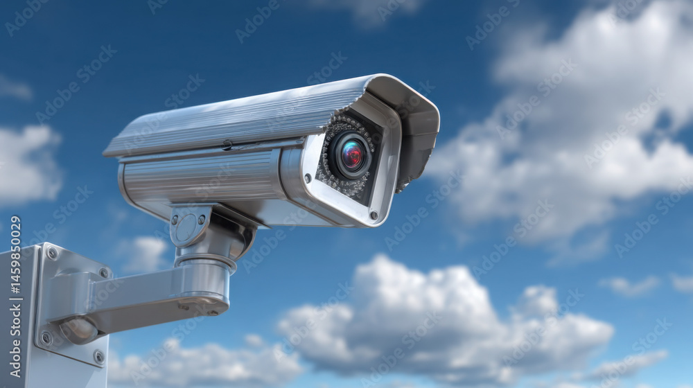 A silver surveillance camera is mounted outside to monitor the area with a clear blue sky and fluffy white clouds visible in the background as a security measure. A silver surveillance camera is mounted outside to monitor the area with a clear blue sky and fluffy white clouds visible in the background as a security measure.