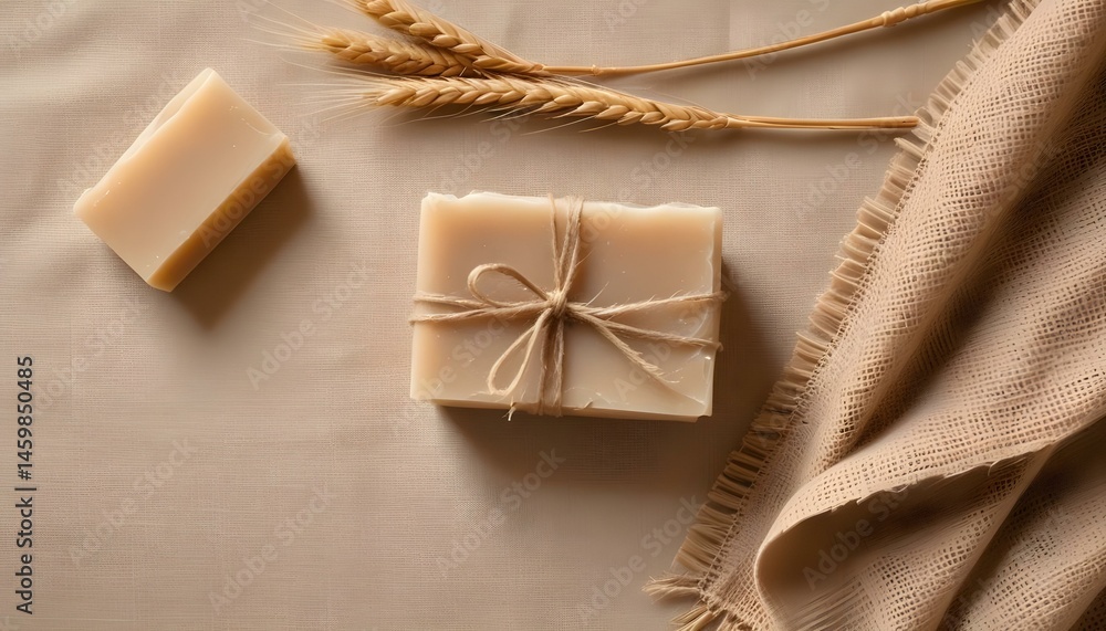 A close-up shot featuring two bars of soap, twine, and wheat on a beige fabric background. A close-up shot featuring two bars of soap, twine, and wheat on a beige fabric background.