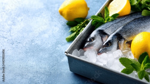 Fresh fish on ice with lemon and mint in a tray, set against a blue background