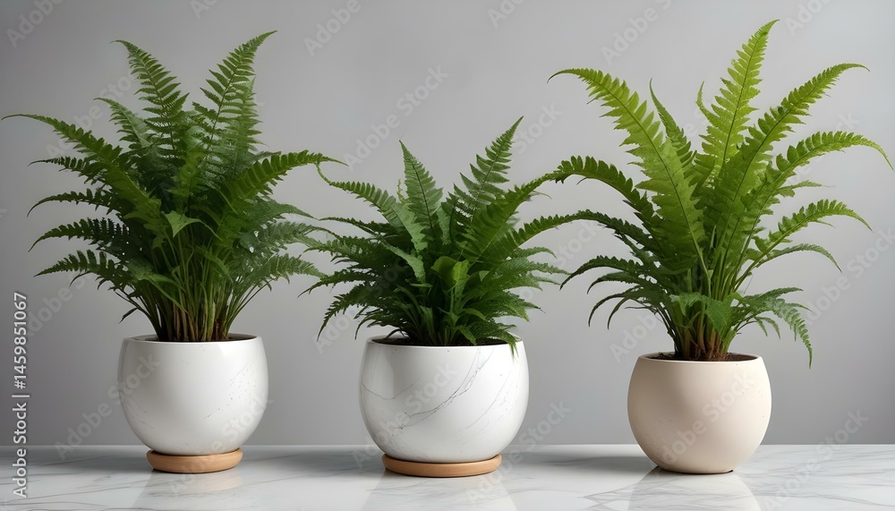 Fototapeta premium Three flourishing ferns in white pots create a natural, elegant arrangement against a neutral backdrop.