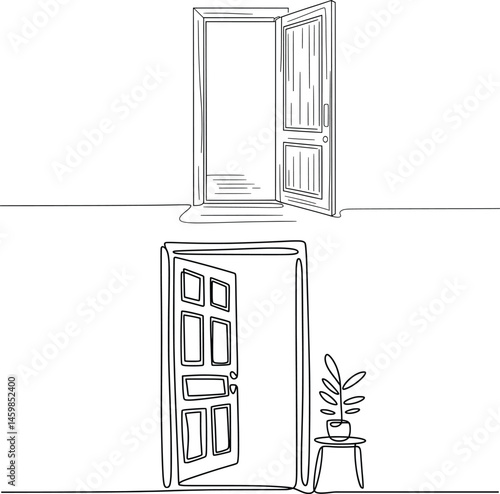 Open Door Line Art, Minimalist Doorway Outline with Plant Illustration.
