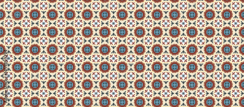 geometric repeating pattern with pixelated circular motifs, geometric symmetry, muted beige, maroon, and dark teal tones
