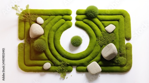 A minimalist Zen garden with perfectly arranged stones, artificial moss growing in symmetrical patterns, and raked sand forming mathematical designs on a white background.