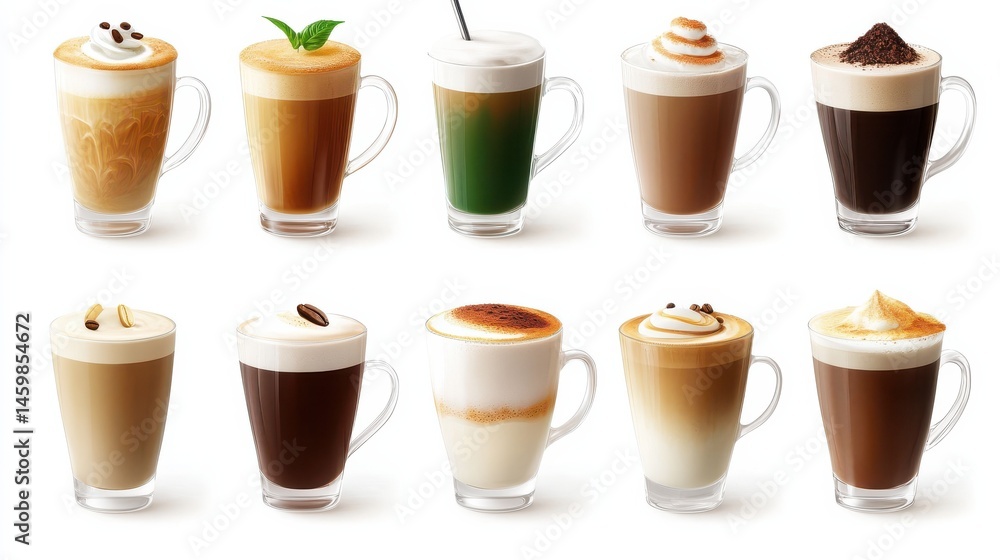 Various hot beverages drinks. Different coffee drinks assorted isolated on white background. Coffee set collection. mocha, tea, green tea, hot chocolate, black coffee, Matcha, cappuccino, flat white. Various hot beverages drinks. Different coffee drinks assorted isolated on white background. Coffee set collection. mocha, tea, green tea, hot chocolate, black coffee, Matcha, cappuccino, flat white.