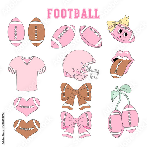 Pink Girlie American football team equipment vector clip-art set isolated on white. Girl Sports Game Season Mom hand drawn illustrations