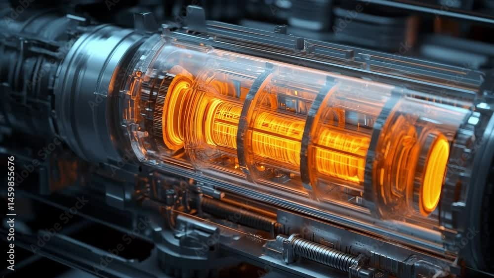 Cutaway view of a high-tech micro-reactor core with detailed glowing ...