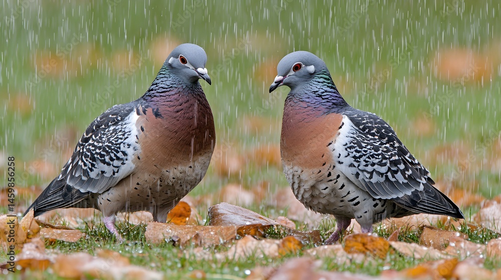 Fototapeta premium Two Wood Pigeons in the Rain Autumn Leaves