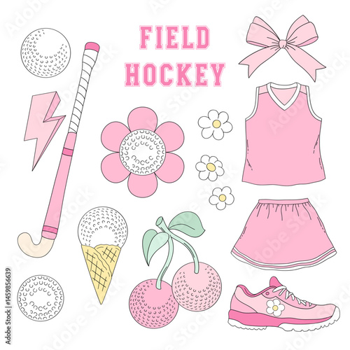 Pink Girlie Field Hockey team equipment vector clip-art set isolated on white. Girl Sports Game Season Mom hand drawn illustrations