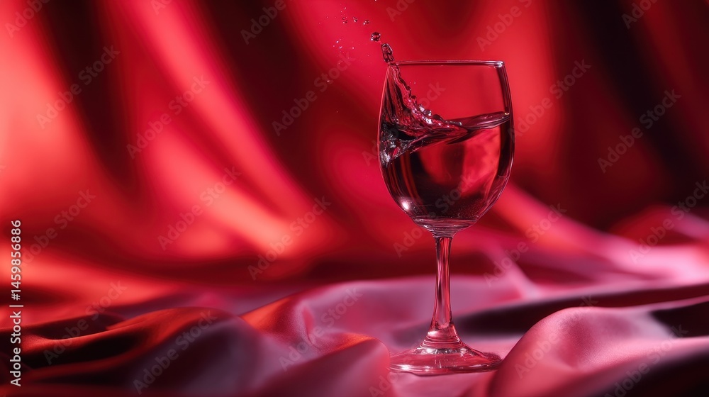 A glass filled with water splashes against a rich red backdrop, creating a dynamic visual effect A glass filled with water splashes against a rich red backdrop, creating a dynamic visual effect